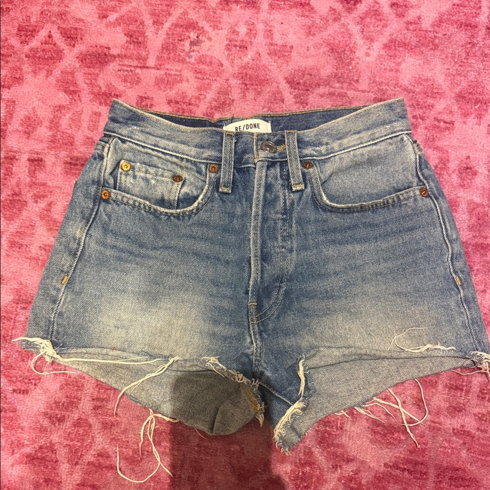 Re/Done Light Blue Frayed Jean Shorts